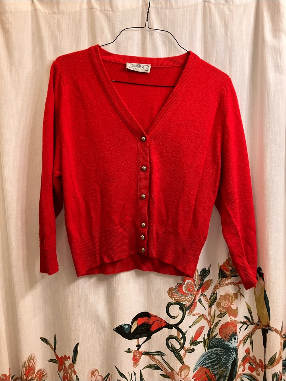 DesignersPetite Vintage Cherry Wool V-neck Cardigan with metal buttons M petite